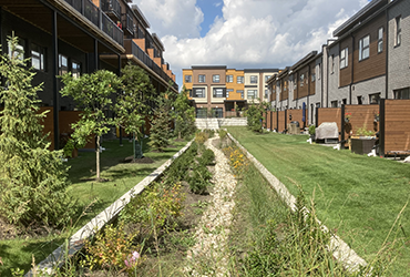 Green space between condo rows with trees and a small walk way.